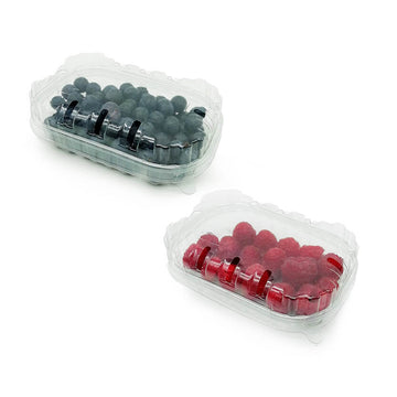 Vaschetta di plastica per mirtilli, piena e una piena di lamponi